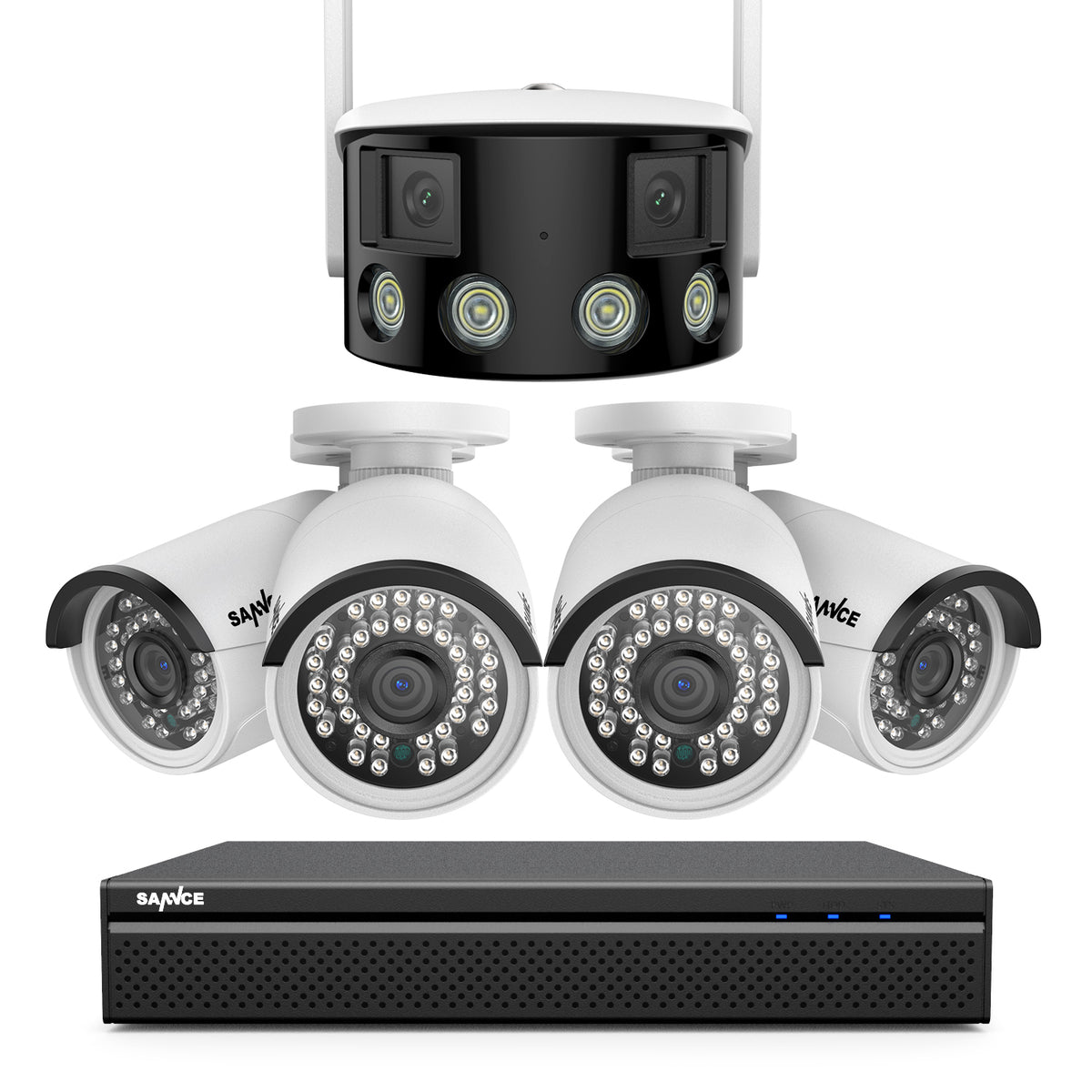8 Canaux 5MP PoE Système de Caméra Sécurité  , 4 PoE Caméras , 1 Caméra IP WiFi Panoramique à Double Objectif, Vision Nocturne en Couleur, Audio Bidirectionnel, Compatible ONVIF