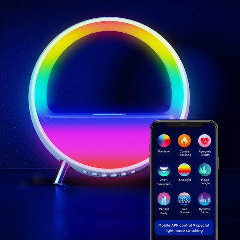 Arches Gradual Sunrise Alarm Clock w/ Wireless Charging for iPhone, White Noise for Sleeping, Bluetooth Speaker, Sound with Night Lights, Gift for Adults/Kids/Baby, Work with Alexa