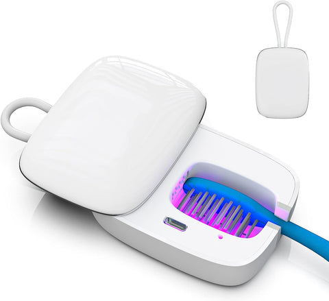 Mini désinfectant pour brosse à dents UV-C, stérilisateur rechargeable portable pour brosse à dents de toute taille, étui avec support pour la maison et les voyages ou les voyages d'affaires
