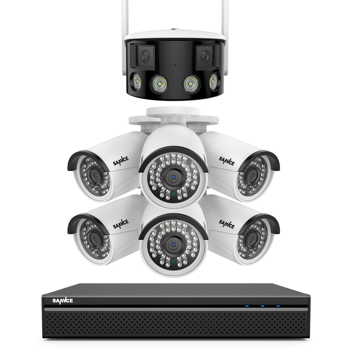 8 Canaux 5MP PoE Système de Caméra Sécurité  , 6 PoE Caméras , 1 Caméra IP WiFi Panoramique à Double Objectif, Vision Nocturne en Couleur, Audio Bidirectionnel, Compatible ONVIF