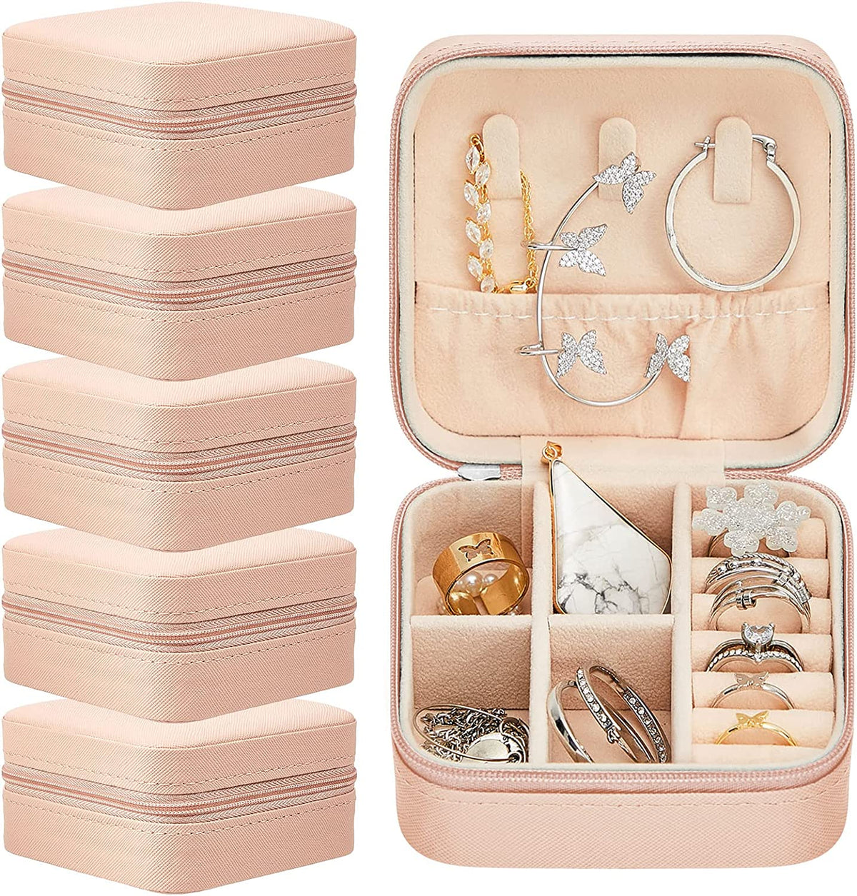 Bridesmaid Gifts Jewelry Box, Personalized Custom Proposal Small Portable Travel Case, Mini Jewellery Organizer Storage Earrings Rings Necklaces for Women Girls - Pack of 5