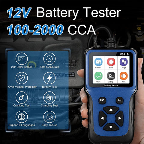 Car Battery Tester, 2.8'' LCD Color Screen, 12V 100-2000 CCA Automotive Load Battery, Cranking, Charging Test Scan Tool Digital Analyzer for Auto Truck Motorcycle ATV SUV Boat Yacht and More