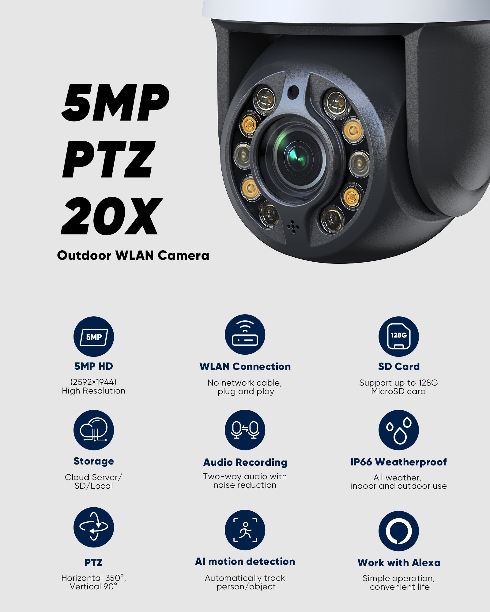 Camera Surveillance WiFi Exterieure, 360 PTZ Caméra de Surveillance sans Fil