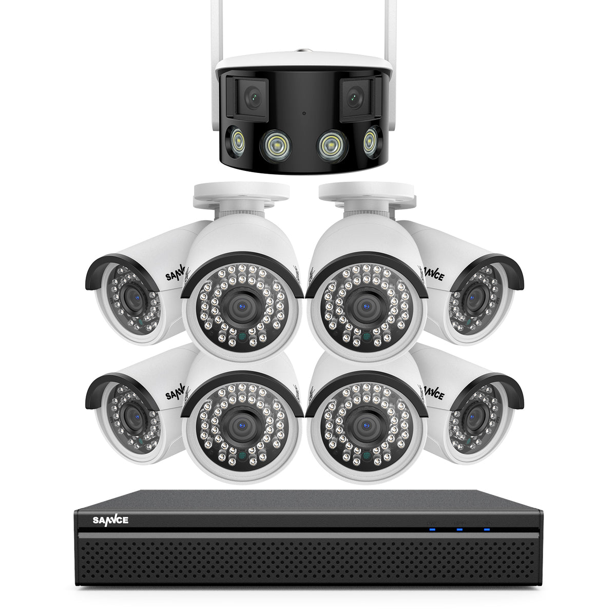 8 Canaux 5MP PoE Système de Caméra Sécurité  , 8 PoE Caméras , 1 Caméra IP WiFi Panoramique à Double Objectif, Vision Nocturne en Couleur, Audio Bidirectionnel, Compatible ONVIF
