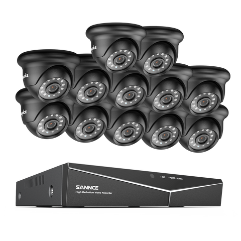 1080p 16 canaux Système de sécurité câblé extérieur avec 12 caméras, détection intelligente de mouvement, vision nocturne infrarouge jusqu'à 100 pieds, résistant aux intempéries IP66
