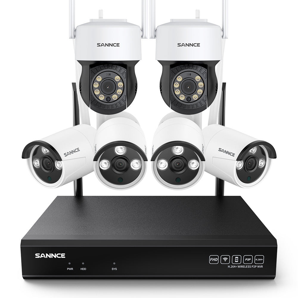 3MP 10 canaux sans fil Système de caméras de vidéosurveillance, 2 PTZ caméras & 4 Bullet caméras , enregistreur NVR 5MP, enregistrement audio, détection humaine IA, compatible avec Alexa