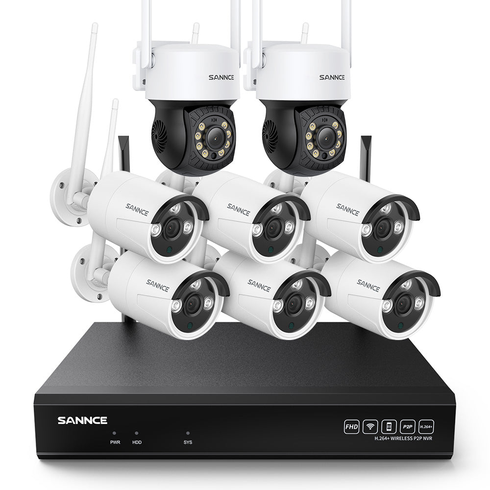 3MP 10 canaux sans fil Système de caméras de vidéosurveillance, 2 PTZ caméras & 6 Bullet caméras , enregistreur NVR 5MP, enregistrement audio, détection humaine IA, compatible avec Alexa