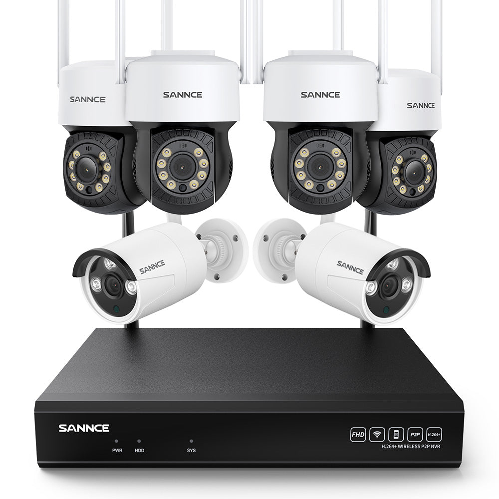 3MP 10 canaux sans fil Système de caméras de vidéosurveillance, 4 PTZ caméras & 2 Bullet caméras , enregistreur NVR 5MP, enregistrement audio, détection humaine IA, compatible avec Alexa