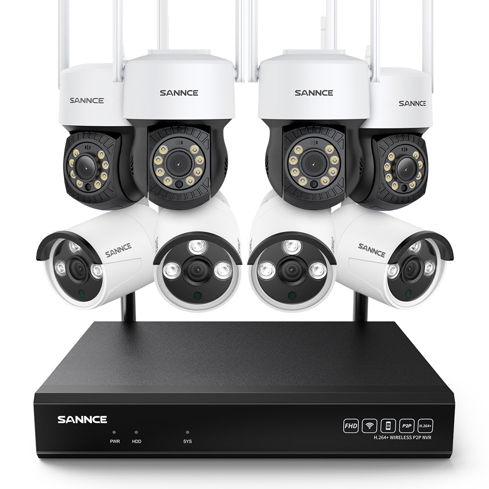 3MP 10 canaux sans fil Système de caméras de vidéosurveillance, 4 PTZ caméras & 4 Bullet caméras , enregistreur NVR 5MP, enregistrement audio, détection humaine IA, compatible avec Alexa