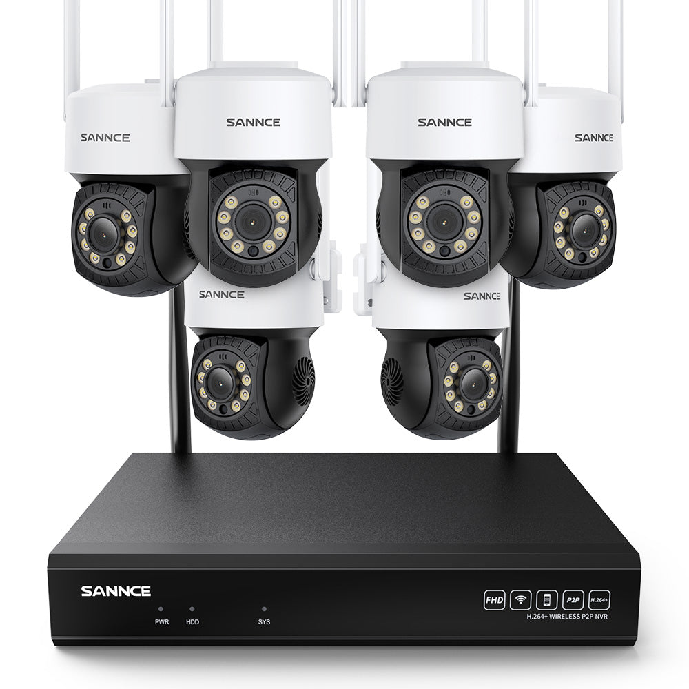 3MP 10 canaux Système de caméra PT CCTV sans fil, NVR 5MP, 6 IP caméras sans fil panoramiques & inclinables, enregistrement audio, détection humaine AI, fonctionne avec Alexa