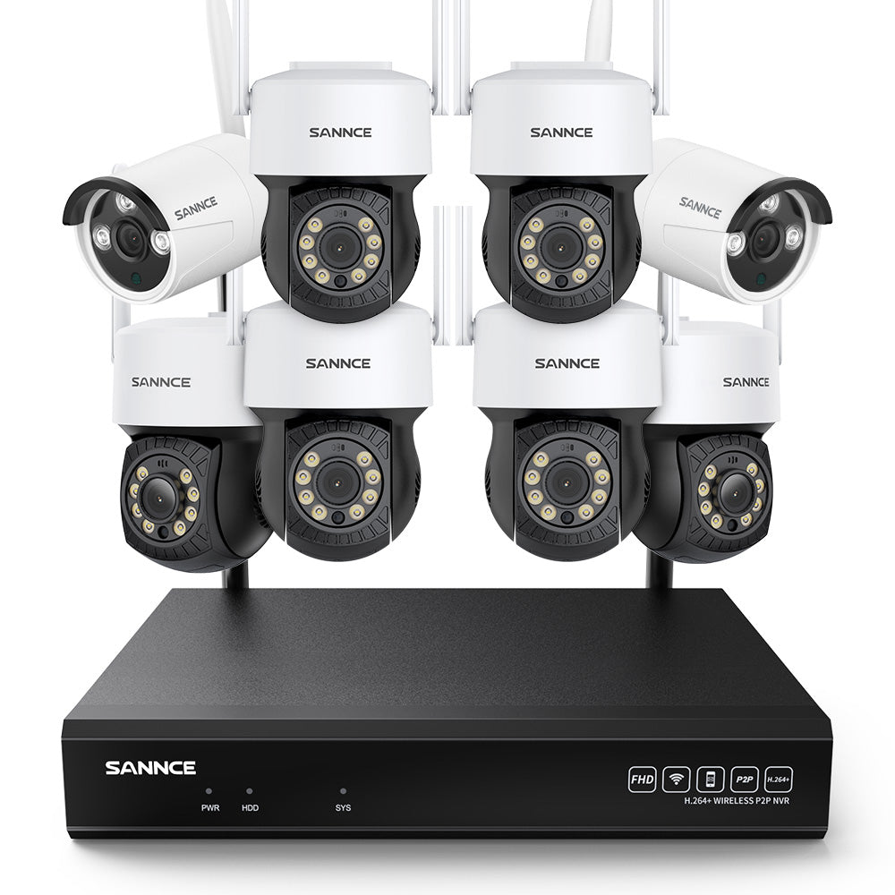 3MP 10 canaux sans fil Système de caméras de vidéosurveillance, 6 PTZ caméras & 2 Bullet caméras , enregistreur NVR 5MP, enregistrement audio, détection humaine IA, compatible avec Alexa