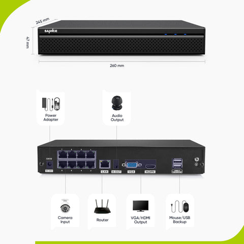 4K 8-Channel Wired PoE Security NVR System with 4 5MP Bullet CCTV IP Cameras, Audio Recording